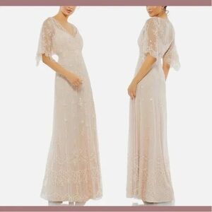 Mac Duggal style 9144 V Neck Flutter Sleeve Embellished Mesh Gown size 14